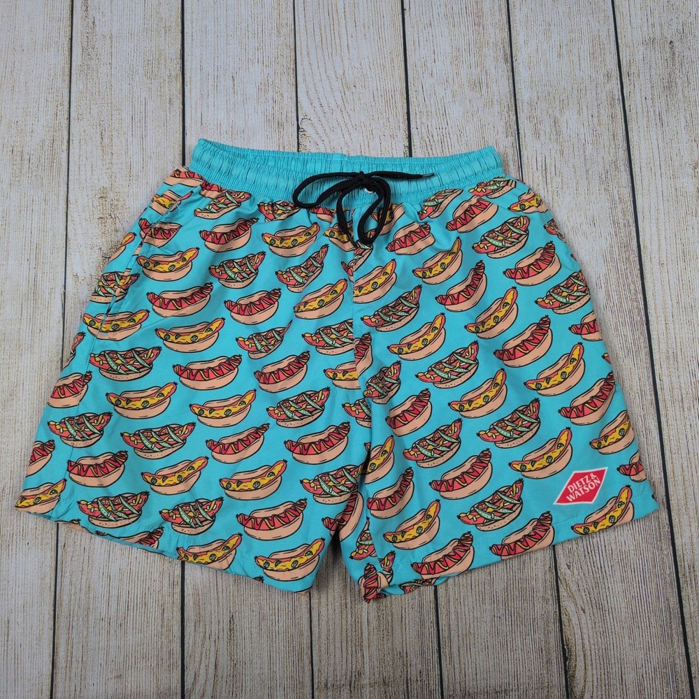 In Your Face Apparel Hot Dog Print Swim Trunks‎ Drawstring Waist Shorts L